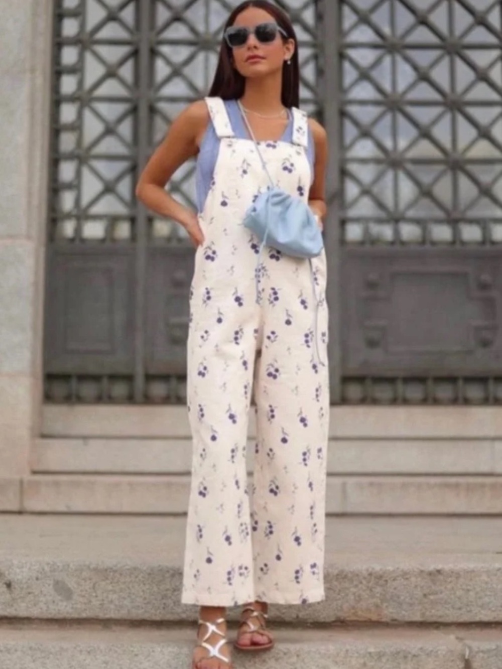 Zara Cream Floral Wide-Leg Overalls with Light Blue Accents
